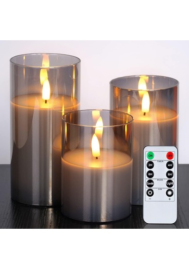 Yunboo Ev Ve Düğün İçin Uzaktan Kumandalı Cam Mum Lambası - Ateşsiz, 10 Tuşlu, Saf Beyaz 3'lü Set Kumanda Dahil