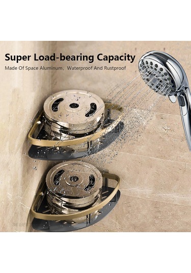 Yumruksuz Alüminyum Depolama Rafı Banyo Düzenleme Rafı, Geniş Kenarlı Tek Katmanlı Üçgen - Siyah + Altın Siyah Altın