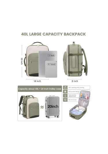 Arion Ybh111 Çok Fonksiyonlu 17" Laptop Seyahat Sırt Çantası 4 Parça Çanta Seti Yeşil
