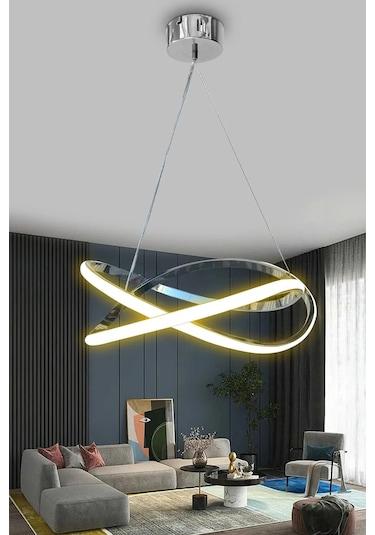 Dalga Modern Sarkıt Led Avize - Salon - Oturma Odası - Mutfak Avizesi - Beyaz Işık - Krom Krom