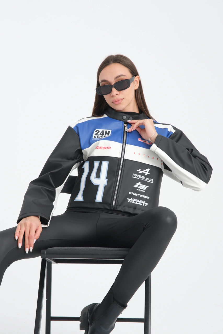 Kadın Oversize Baskılı Deri Şeritli Motorcu Montu Garnili Fermuarlı Yarışçı Ceketi Bomber Kolej Mont Mavi