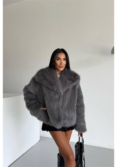 Neşeli Butik Kadın İçi Astarlı İthal Kürk Kaban Nbg111 Antrasit