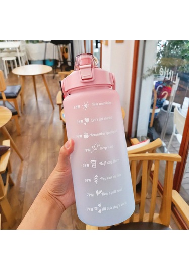 Su Şişesi 2 Litre Sulu Kalın Motivasyonlu Sızdırmaz Plastik Spor Şişe Pink Blue 2.0l Pink Blue