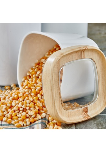 Ceronni Bonny Erzak Saklama Kabı 3lü Set Ahşap Kaplama Kapak Renkli Hazne 1,8lt - 1lt - 600ml Açık Ahşap Ahşap