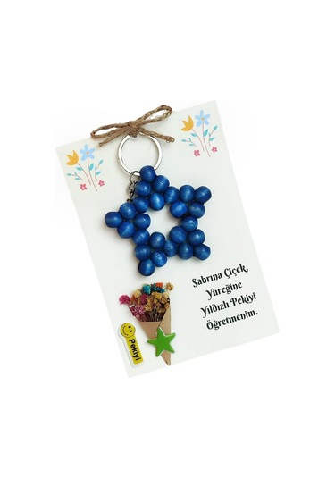 Öğretmenler Günü Hediyesi Kart Üzerinde Mavi Ahşap Boncuk Anahtarlık Erkek Öğretmene Hediye