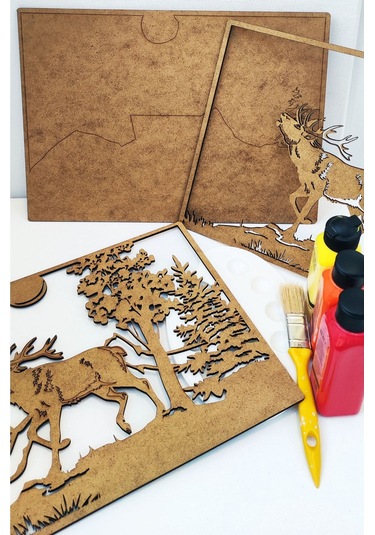 Ahşap Çok Katmanlı Boyanabilir Tablo - Pano \ Geyik Figürlü 50 X 70 Ntpkp Gy