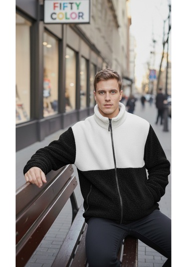 Premium Kalite Renk Bloklu, Fermuarlı, Dik Yaka, Sherpa, Polar, Peluş Ceket Siyah - Beyaz