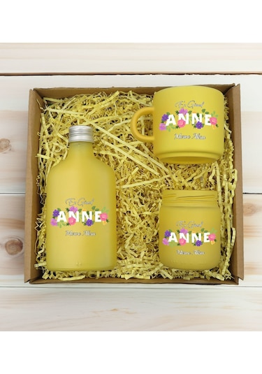 Bk Gift Kişiye Özel İsimli Dtf Anne Temalı Sarı Kahve Fincanı & Kolonya & Mum Hediye Seti-3, Anneye Hediye, Anneler Günü Hediyesi Kobitmeyencom30977 B