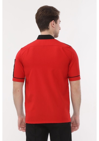 Uniprom Kısa Kollu Aşçı Ceketi Önlük Omuz Nakışlı Cepli Şef, Garson Kırmızı Siyah