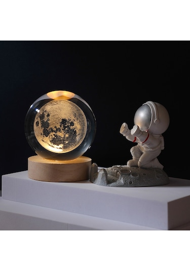 Kosona Ay Küresi 6cm Cam Top + 6cm Ahşap Tabanlı Doğal Işık Gecelik Lambası - Ev Dekorasyonu Hediyelik Ürün