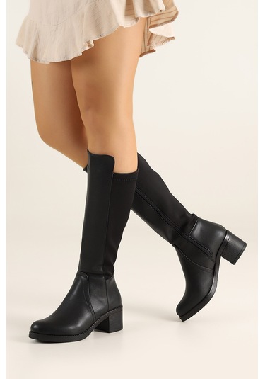 Beyaz Göktem Termo Katmaz Taban Kalın Topuklu Günlük Streç Kadın Çizme Siyah Siyah