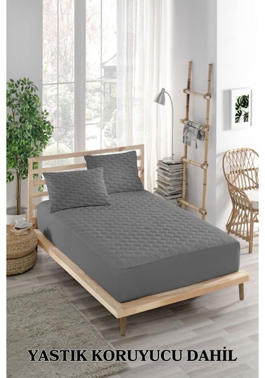 Alez Takımı %100 Pamuklu Sessiz 3 Parça Kapitoneli Yastık Alezli Gri Tek Kişilik