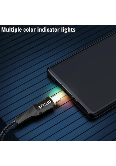 Hightower Dınıje Usb-c Hızlı Şarj Kablosu Renkli Işık Göstergeli 3 3ft Nylon Siyah