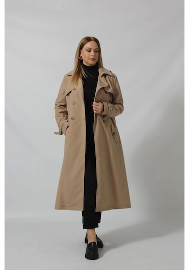 Dizaltı Düğmeli Kuşaklı Trençkot Vizon Taş