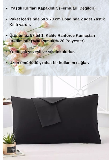 Siyah Renkli Pamuklu Ranforce Kumaştan Yastık Kılıfı 2 Adet
