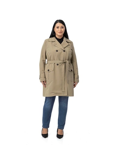 Büyük Beden Kruvaze Kolu Bant Detaylı Cepli Kuşaklı Astarlı Çağla Yeşili Trençkot Çağla Yeşili