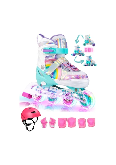 Unicorn Işıklı Paten Kask Koruma Seti 2+2 Gökkuşağı Kız Çocuk Pateni Silikon Teker,taşıma Çantalı 3