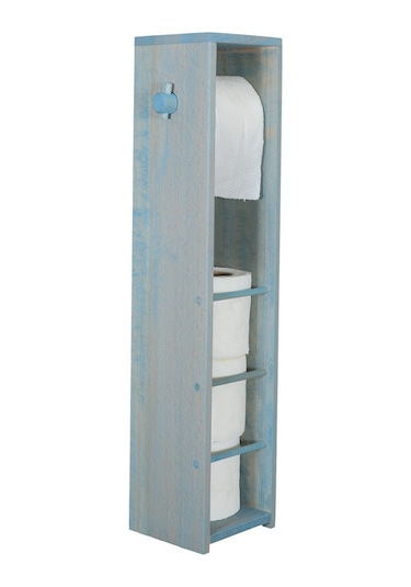 Wc Kağıtlık Tuvalet Kağıtlığı Kayın Ağacı Eskitme Mavi Boyalı