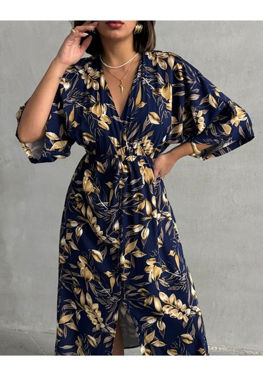 Kadın Kruvaze Yaka Yırtmaçlı Uzun Yazlık Elbise Lacivert