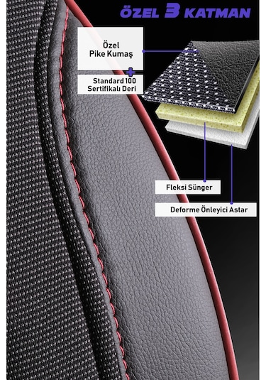Siyah - Kırmızı Panda Peru Serisi Pike Kumaş Ön İki Oto Koltuk Kılıfı