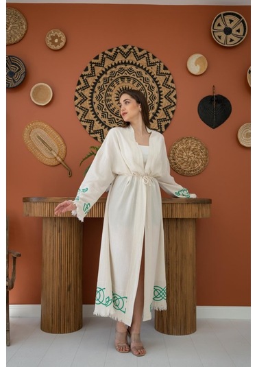 Yeşil Baskı Detay Keten Hırka Çok Renkli