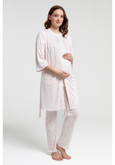 Arnetta 3266 Sabahlıklı 3 Lü Hamile Lohusa Pijama Takımı Beyaz V1