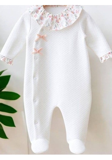 Miomini Baby Kız Bebek Yakalı Patikli Çiçekli Tulum-14959 Ekru