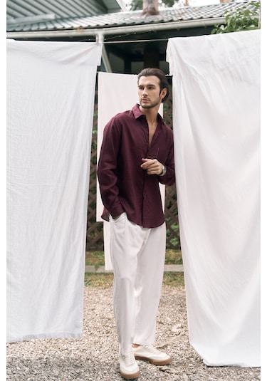 Mai Collection Mai Studios Co. Ombretta Bordo Keten Oversize Erkek Gömlek Bordo