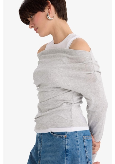 Defacto Slim Fit Dar Kesim Tek Omuzlu Çift Katmanlı Ribana Uzun Kollu Tişört G6336ax25wngr93 Gri-gr93