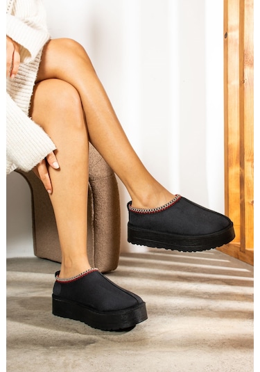 Günlük Kadın Bot Desenli Yüksek Kalın Taban İçi Kürklü Süet Kısa Bootie Hafif U50 Siyah
