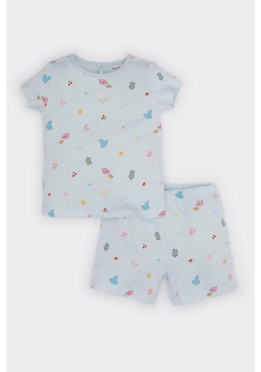 DeFacto Kız Bebek Pijama Takımı Desenli Kısa Kollu Penye Üst Beli Lastikli Şort E9603A525SMBE61 Mavi