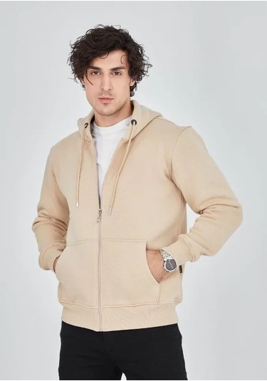Unisex Tam Fermuarlı Kapşonlu Sweatshirt - Bej Anrasit