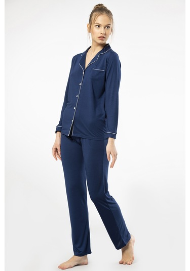 Türen 3365 Kadın Uzun Kollu Gömlek Yaka Pijama Takım-lacivert Lacivert