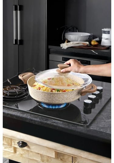 Diez 24 Cm Granit Basık Tencere Cappucıno Yapışmaz Karnıyarık & Pilav Tenceresi Cam Kapaklı