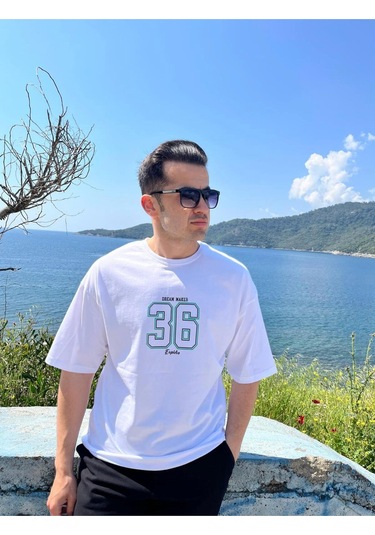 Erkek Bisiklet Yaka Oversize Baskılı T-shirt Beyaz