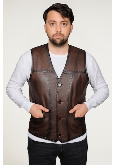 Derije Texas Hakiki Deri Erkek Kahverengi Punto Dikişli Yelek