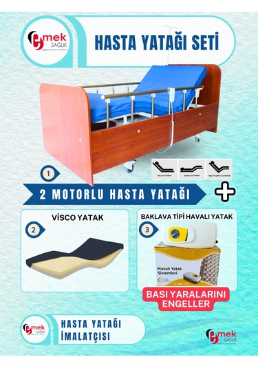 2 Motorlu Ahşap Hasta Karyolası Seti