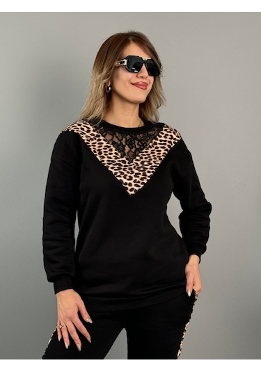 Modaserdem Kadın Üç Iplik Kumaş Leopar Desenli Dantel Detaylı Ikili Takım Siyah