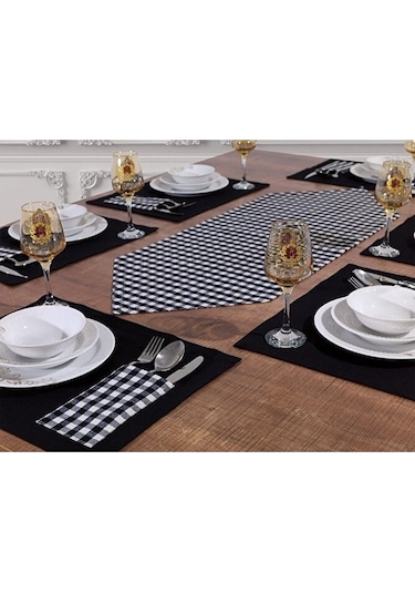 Amerikan Servis Supla Ve Runner Seti 8 Kişilik Set Siyah Ekose De