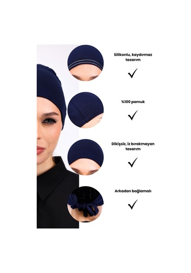 Kaymayan Silikonlu Dikişsiz Bone Lacivert - Kaymaz Kadın Tesettür Bağlamalı İç Bone Lacivert