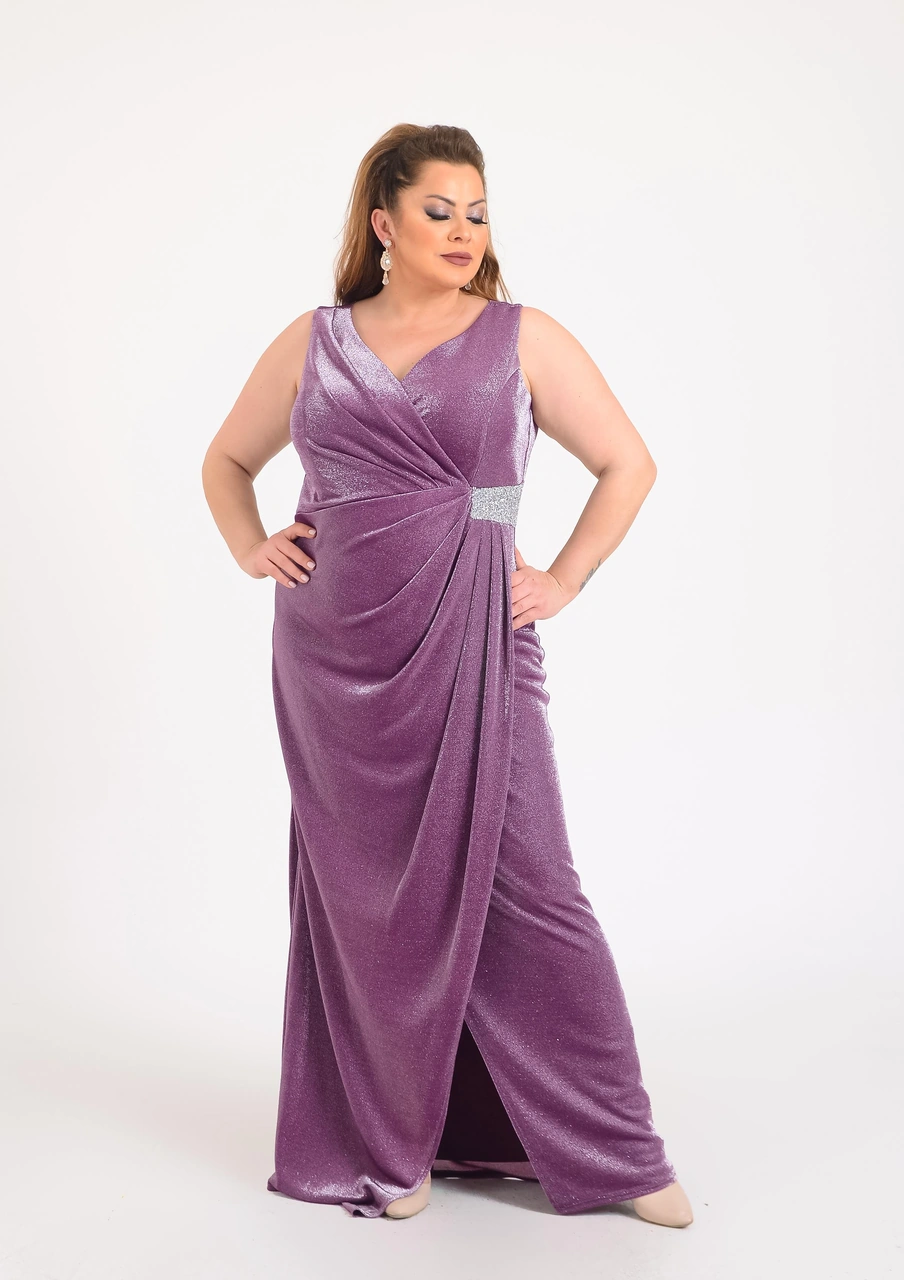 Büyük Beden Fuşya Renkli Kolsuz Kruvaze Yaka Likralı Simli Abiye Elbise Fuşya