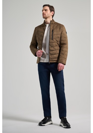 Koyu Haki Dik Yaka Yan Cep Dolum Şişme Standart Fit Esnek Casual Deri Mont 1038245167 Haki