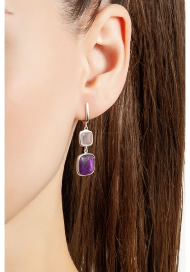 Zarif Uyum 18 Ayar Beyaz Altın Kaplama Gümüş Ametist Küpe Beyaz