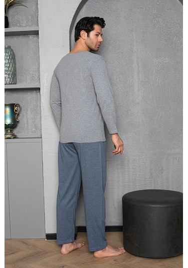 Yuvarlak Yaka %100 Pamuk Regular Kalıp Erkek Pijama Takımı 983 Gri