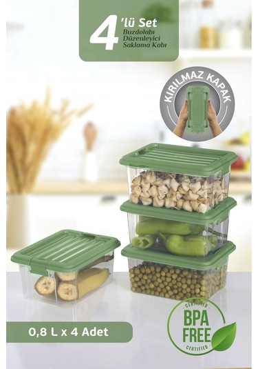 4'lü Set - 800ml Kilit Kapaklı Erzak Saklama Kabı - Difriz Buzdolabı Düzenleyici Saklama Kutusu Mint Yeşil