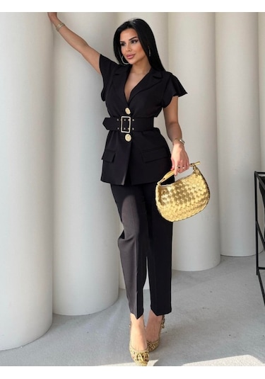 Modasize Vatkalı Yelek Pantolon İkili Takım Altın