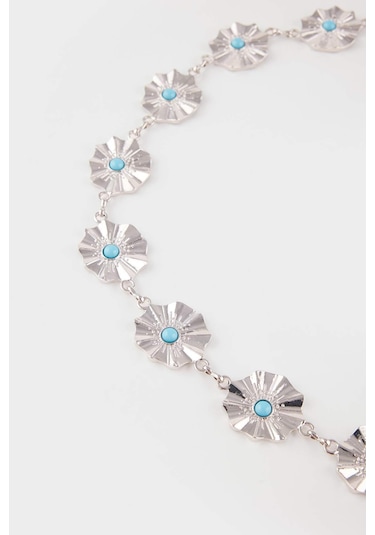 Defacto Kadın Mavi Taşlı Çiçekli Silver Bel Zinciri G0110axnssr4 Gri