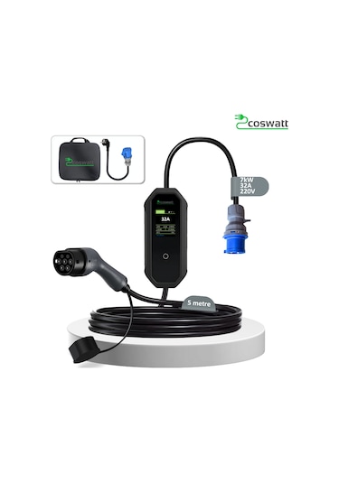Coswatt Elektrikli Araç Taşınabilir Şarj Cihazı 7kW-32A-Tip2 Soket-Türkçe Menü-5M-3x32A Fiş-220V AC