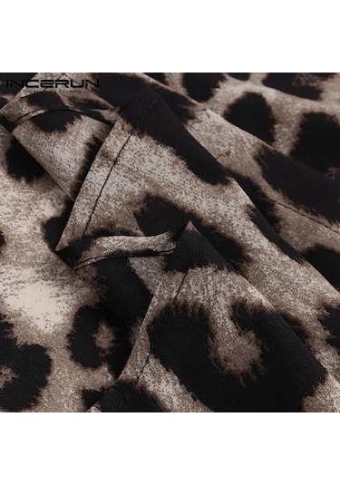 Incerun Casual Leopar Baskılı Erkek Gömlek Yaka Yaz Kısa Kollu Hawaii Gömlek Moda Baskı Üstleri Haki