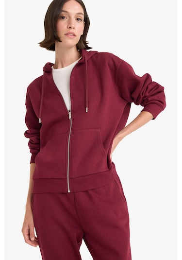 Defacto Relax Fit Kapüşonlu Basic Düz Kalın Fermuarlı Sweatshirt C1809ax25aubr115 Bordo